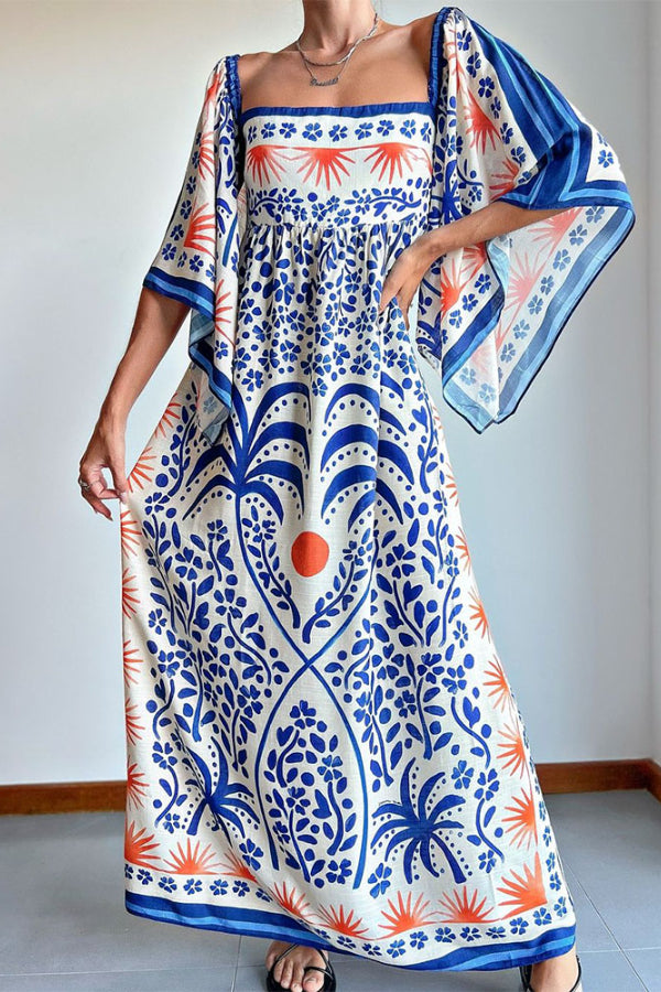 Blue bell sleeve printed loose dress