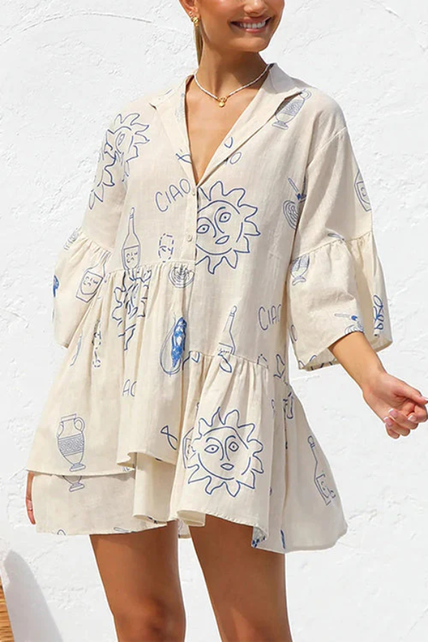 Hemdkleid mit ausgestellten Ärmeln, Knopfleiste und Graffiti-Print