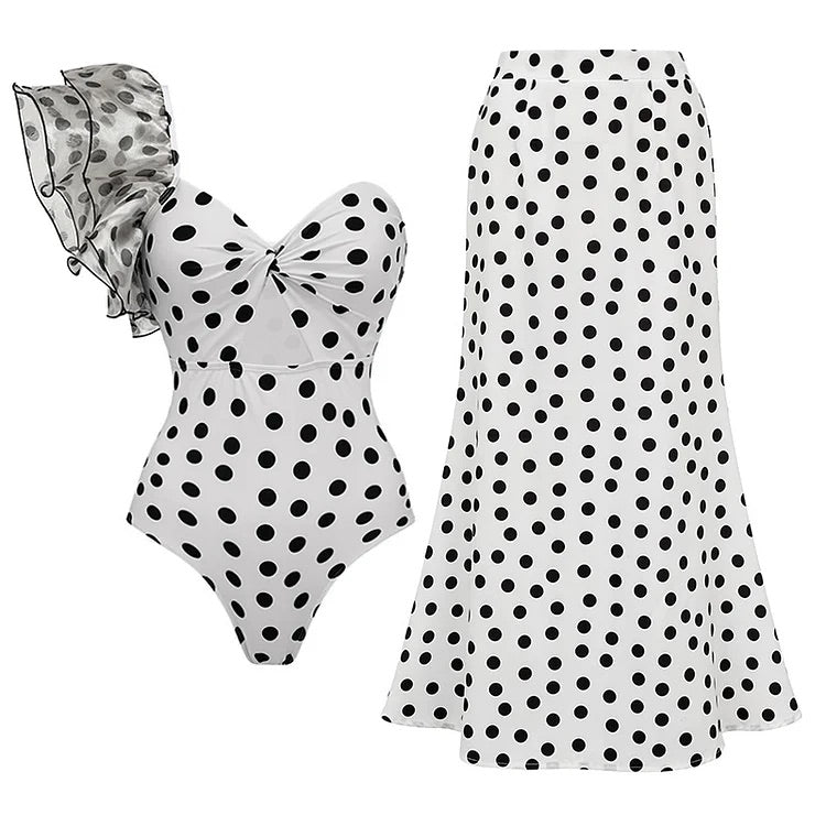Maillot de bain une pièce à volants et imprimé pois, asymétrique, découpé et jupe 