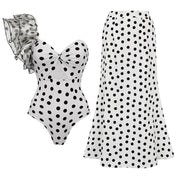 One Shoulder Ruffle Dot Printed Cut Out One Piece Swimsuit and Skirt