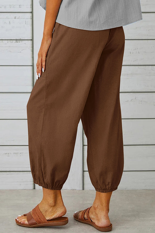 Tatum Linen Blend Elastic Waist Pocketed Button Hem Pants