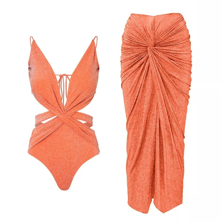 Maillot de bain une pièce et jupe plissés à texture brillante 