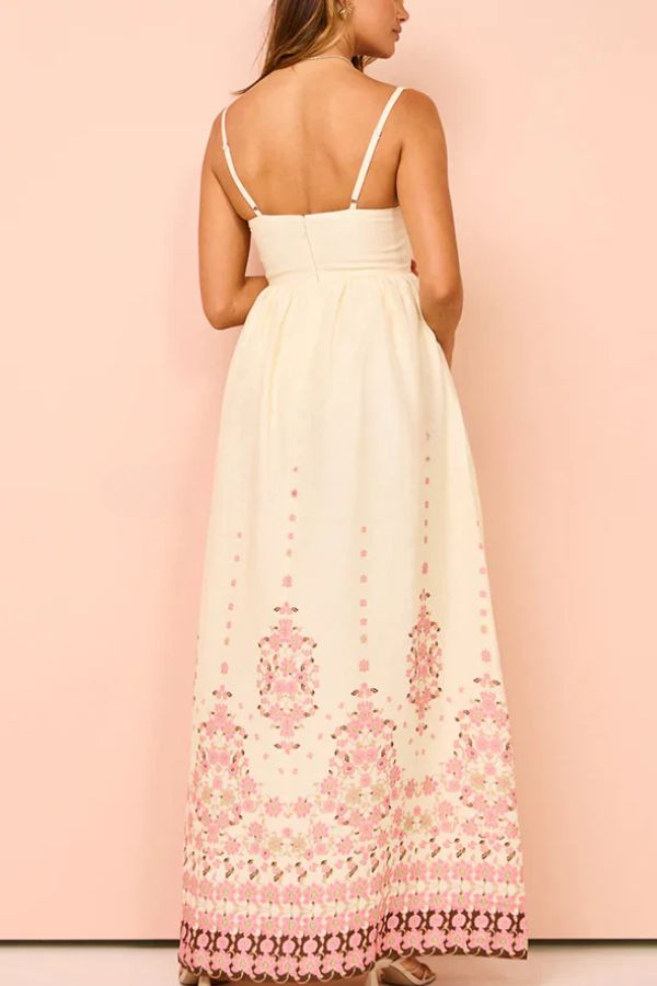 Robe longue ample à bretelles et poches, imprimé unique en mélange de lin et de fleurs paradisiaques