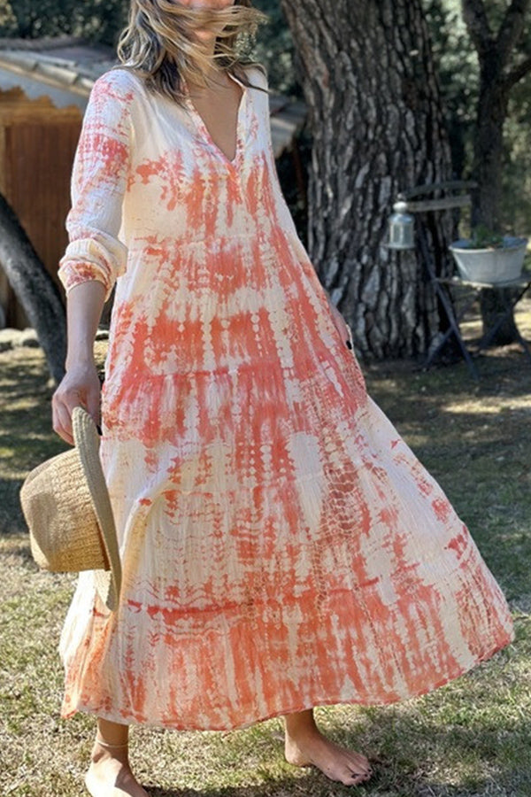 tie-dye long-sleeve v-neck dress