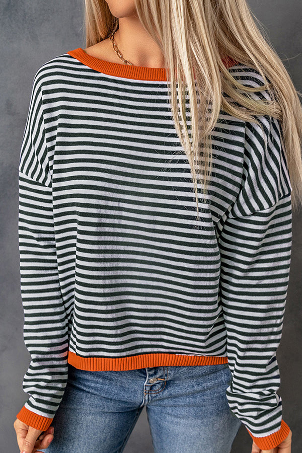 Striped Color Contrast Dropped Shoulder Long Sleeve Top