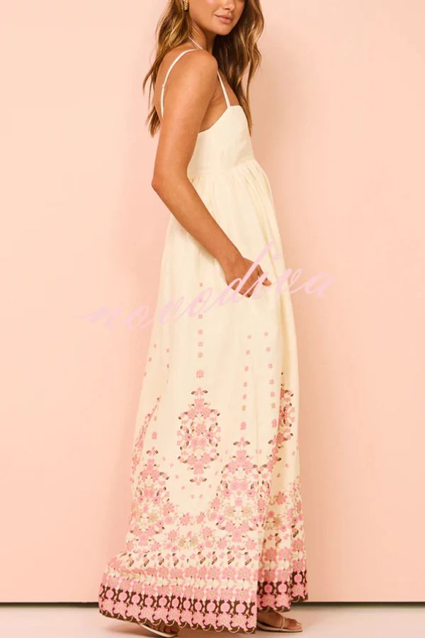 Robe longue ample à bretelles et poches, imprimé unique en mélange de lin et de fleurs paradisiaques