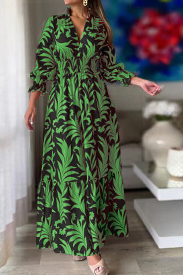 Waist pullover bohemian print long-sleeved swing dress