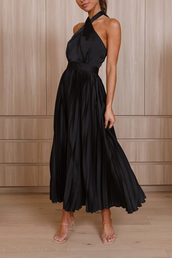 Beaming Smile Satin Halter Neck Pleated Midi Dress