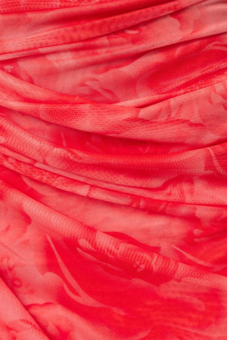 Robe longue extensible en maille à imprimé floral et détails froncés torsadés avec ourlet irrégulier