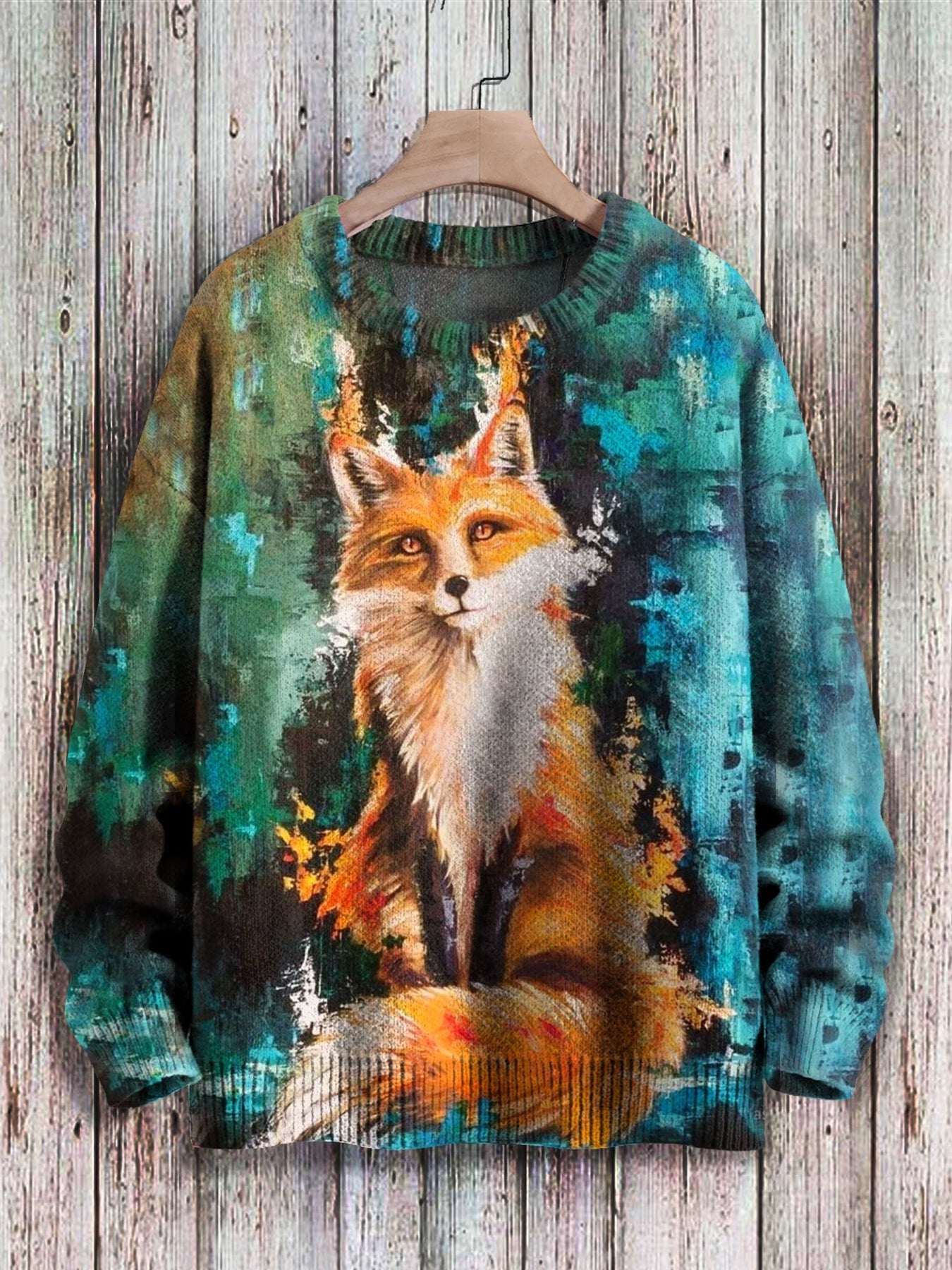 Fox Art Print Knit Pullover Sweater