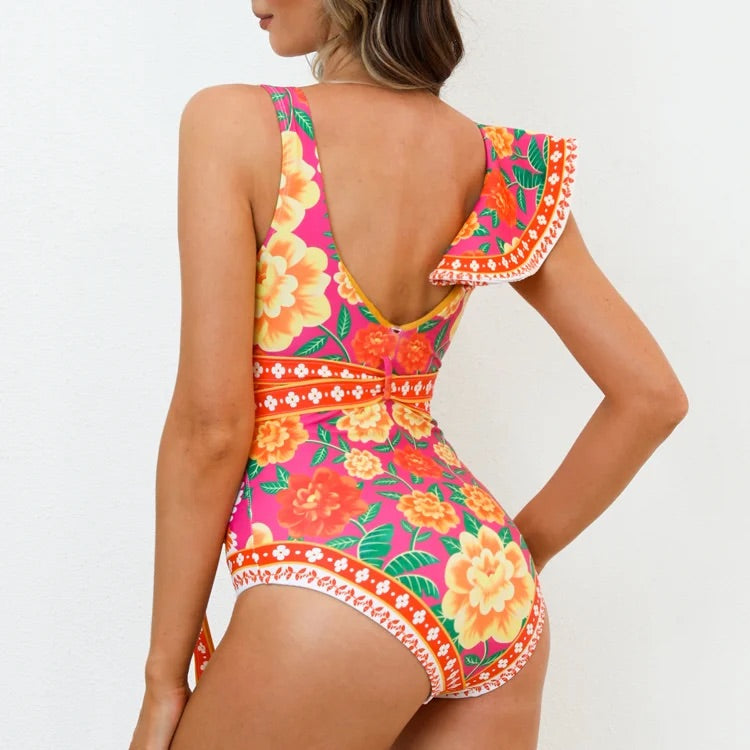Maillot de bain une pièce asymétrique à volants et imprimé contrasté 