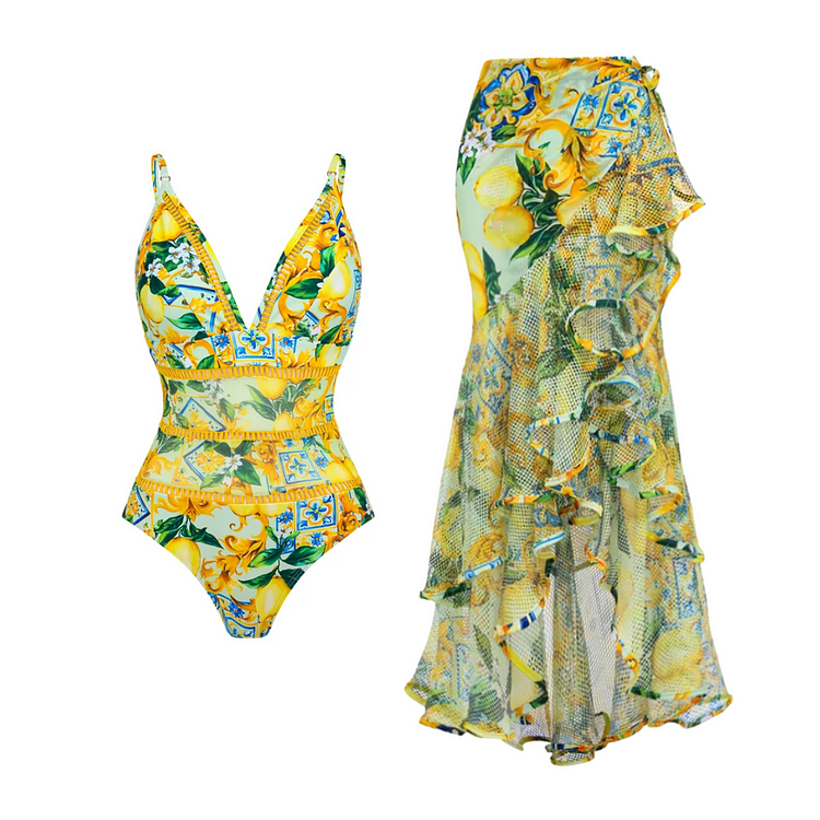 Maillot de bain une pièce bleu à imprimé méditerranéen et col en V, et paréo en maille 