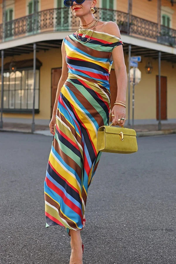 Sunkissed Satin Colourful Stripe Print One Shoulder Midi Dress