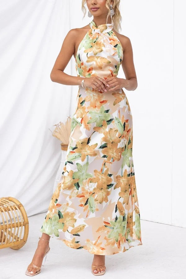 Happier Now Satin Floral Halter Maxi Dress