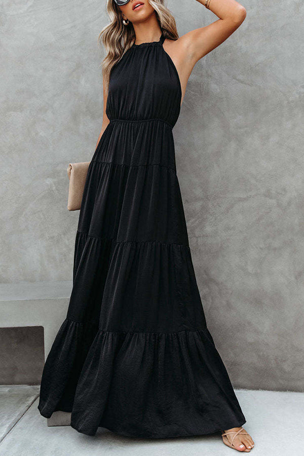 Elegant Halter Neck Tie Striped Pleated Dress