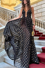 Charming View Chiffon Gold Polka Dot Print Cutout Lightweight Maxi Dress