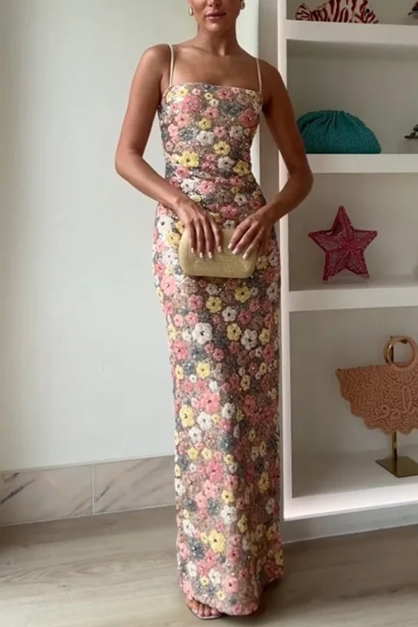 Robe longue extensible à imprimé floral et sequins, col carré, inspirée des années 80