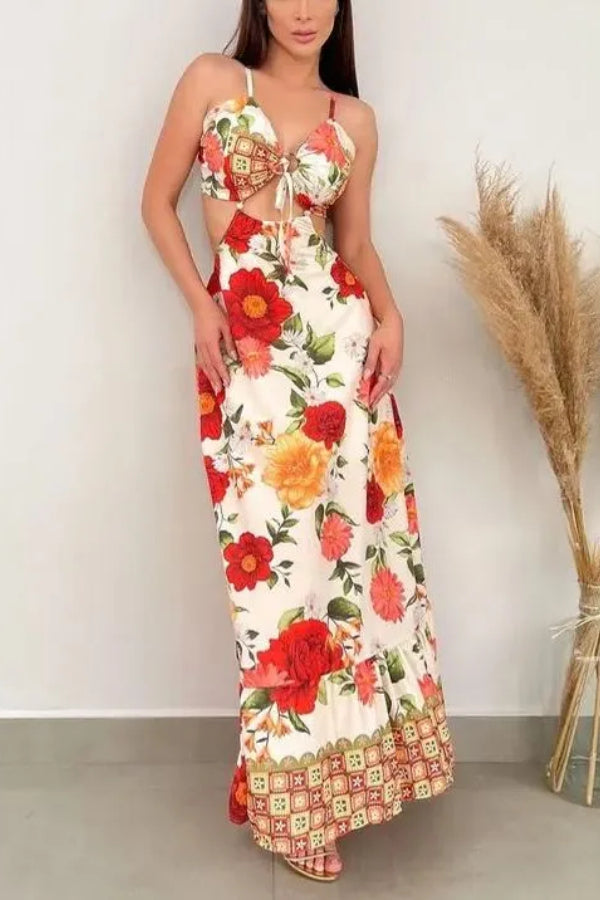 MONET – Blooming Rose – Maxikleid mit Cut-out und Bindeband am Rücken