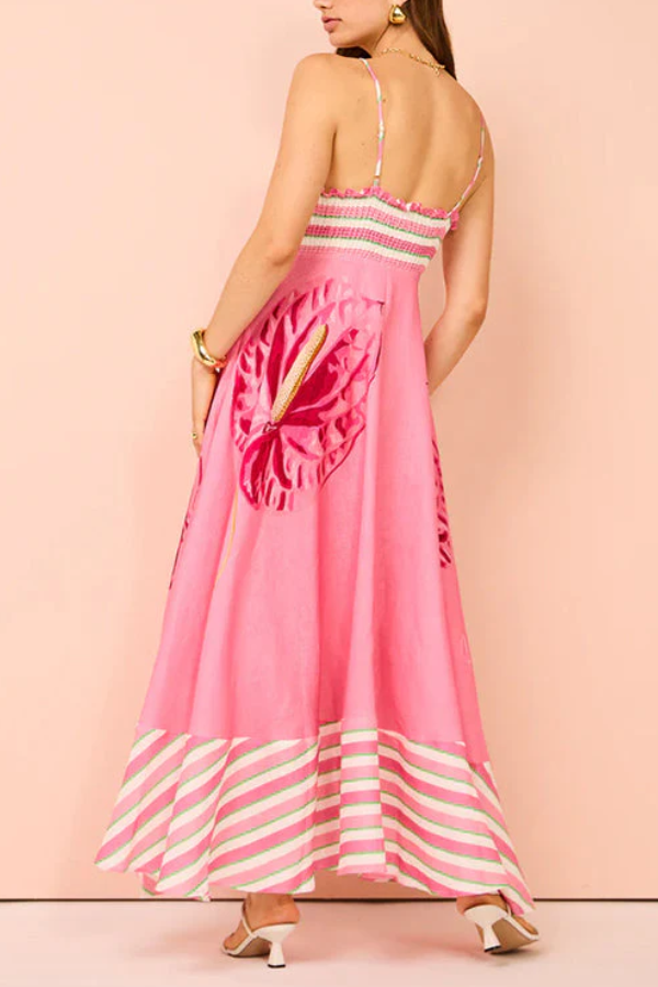 Robe longue trapèze à rayures et imprimé floral dos nu