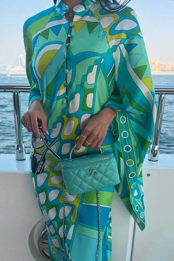 Narah Satin Unique Print Stand Neck Buttons Butterfly Sleeves Kaftan Maxi Dress