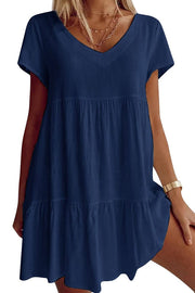 Cotton-Blend V Neck Casual Short Sleeve Weaving Dress