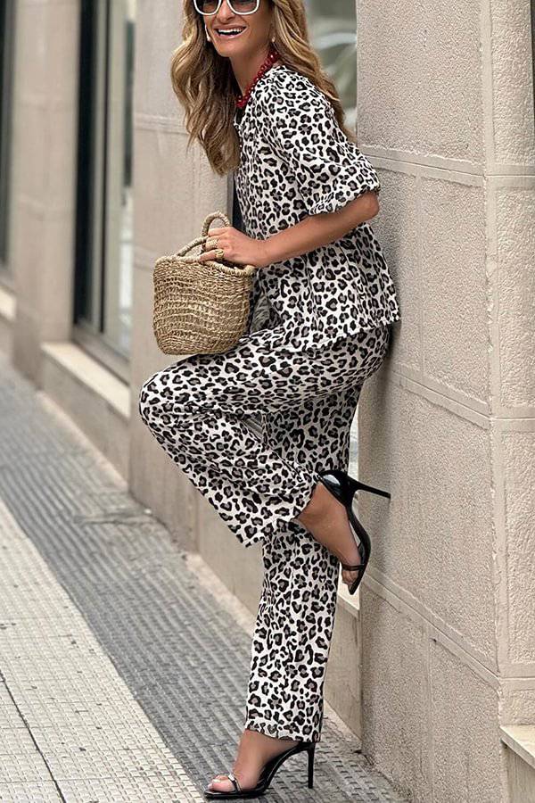 Enjoy Everyday Leopard Print Puff Sleeve Babydoll Top and Elastic Waist Pocketed Pant Set