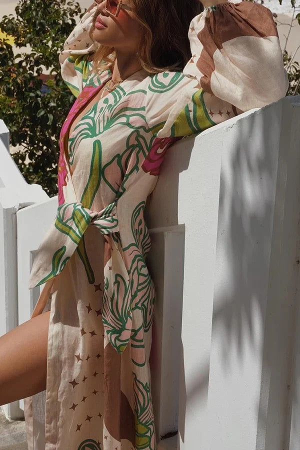 Robe longue tunique à manches ballon et lien en mélange de lin Tracey 
