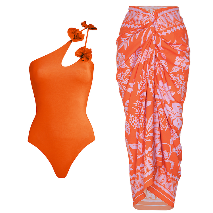 Maillot de bain une pièce et paréo à fleurs 3D 