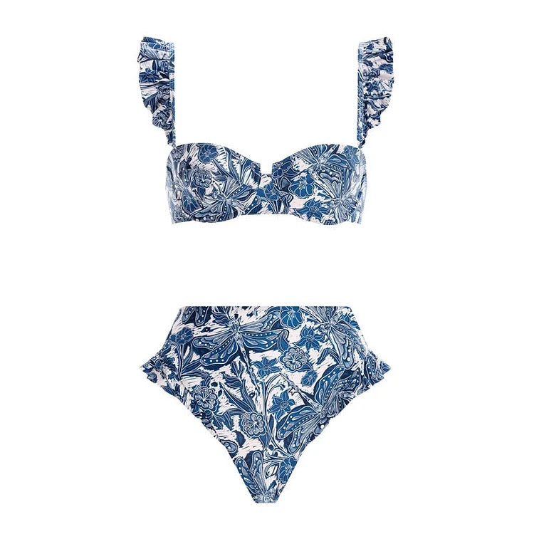 swimgirls – Bedruckter, blauer Badeanzug mit Rüschenträgern und Rock 