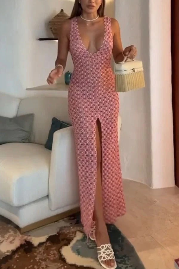 So Beachy Texture Print U-neck Wide Strap Slit Stretch Maxi Dress
