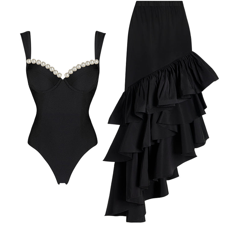 Maillot de bain une pièce et jupe en perles artificielles 