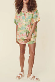 Breeze Hawaii Linen Blend Tropical Plants Printed Blouse and Elastic Waist Pocketed Shorts Set