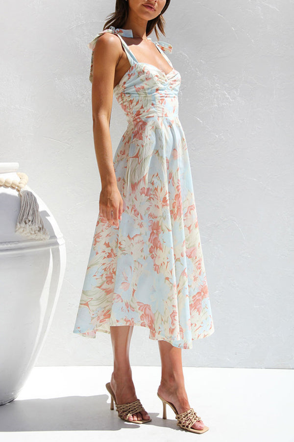 Slim fit slim waist V-neck suspender print mid-length dress