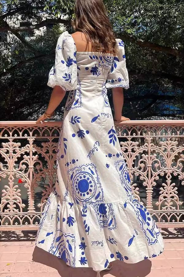 Robe longue à imprimé floral et manches bouffantes à col carré et imprimé Sunshine 