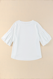 White Solid Color Casual Bubble Sleeve Blouse