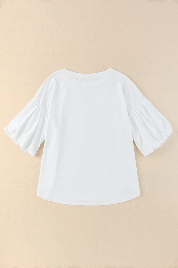 White Solid Color Casual Bubble Sleeve Blouse