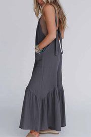 Grey Solid Color Sleeveless Flare Leg Jumpsuit with Pockets