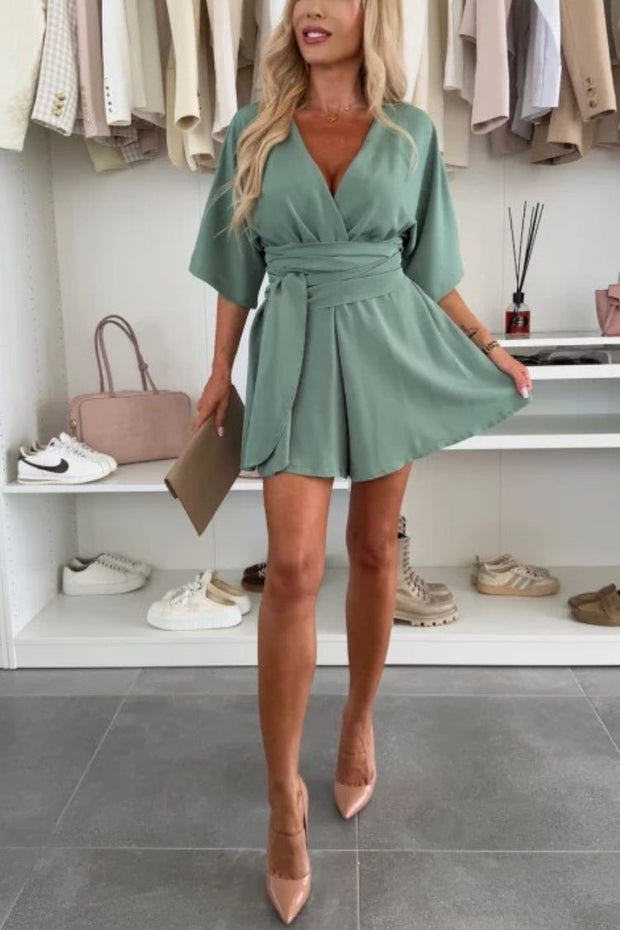 Stylish Comfortable V-neck Wide Sleeve Tie-up Loose Romper