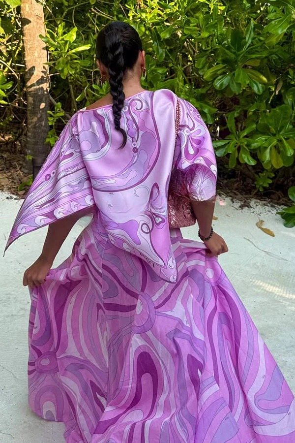 Anzio Satin Unique Print Cape Top and High Rise Elastic Waist A-line Maxi Skirt Set