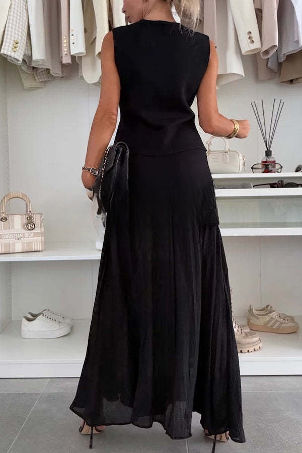 Stylish and Elegant Knit Spliced Tulle Elastic Waist Pleated Maxi Skirt