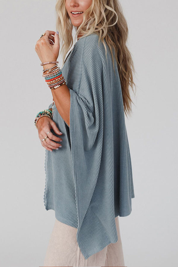 Textured Lace Trim Open Front Kimono Cardigan