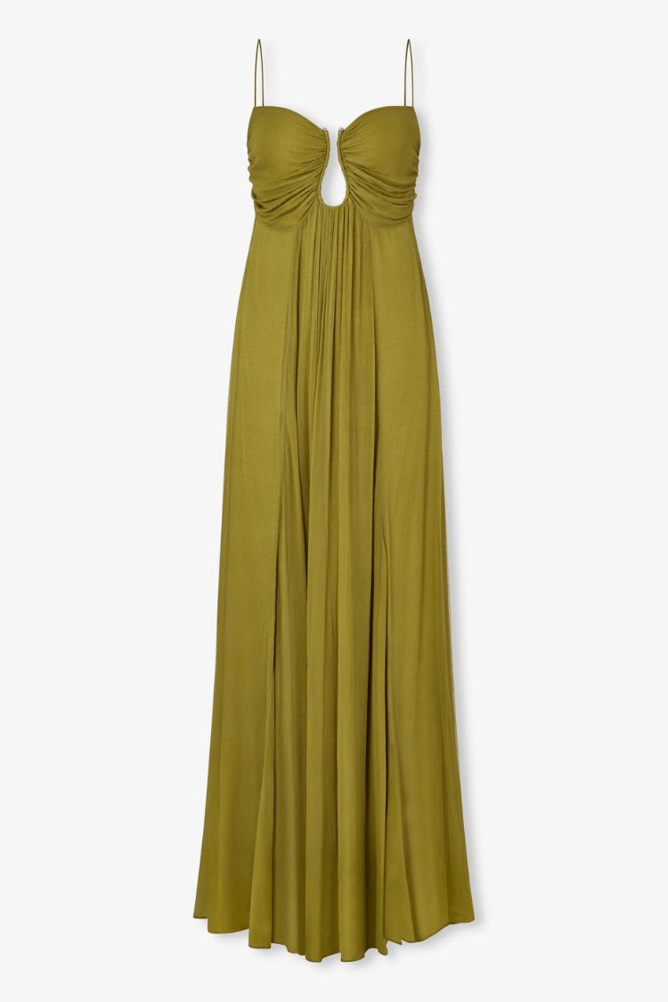 Weiches und elegantes A-Linien-Maxikleid mit gesmoktem Metall-Höhlendesign auf der Rückseite