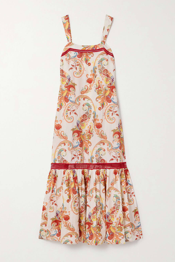 Robe longue moderne et raffinée à imprimé cachemire et bordure en crochet