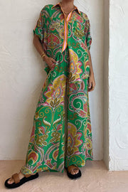 Blaise Satin Paisley Print Elastic Waist Pocketed Wide Leg Pants