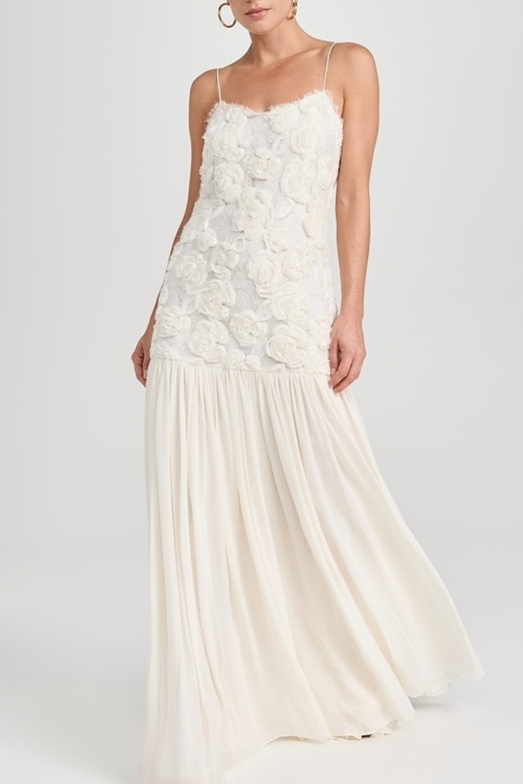 Indulge in Floral Applique Pleated Chiffon Hem Slip Maxi Dress