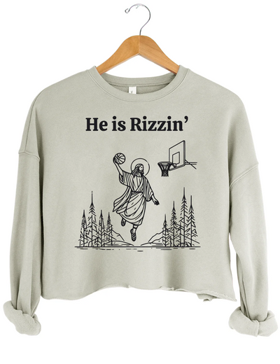 He ls Rizzin Funny Easter Jesus Playing Basketball Crop Sweatshirt