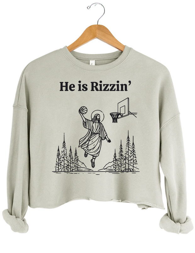 He ls Rizzin Funny Easter Jesus Playing Basketball Crop Sweatshirt