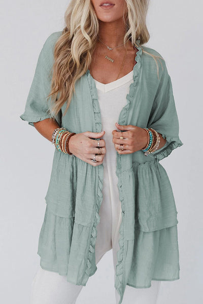 Ruffled Trim Short Sleeve Open Front Kimono