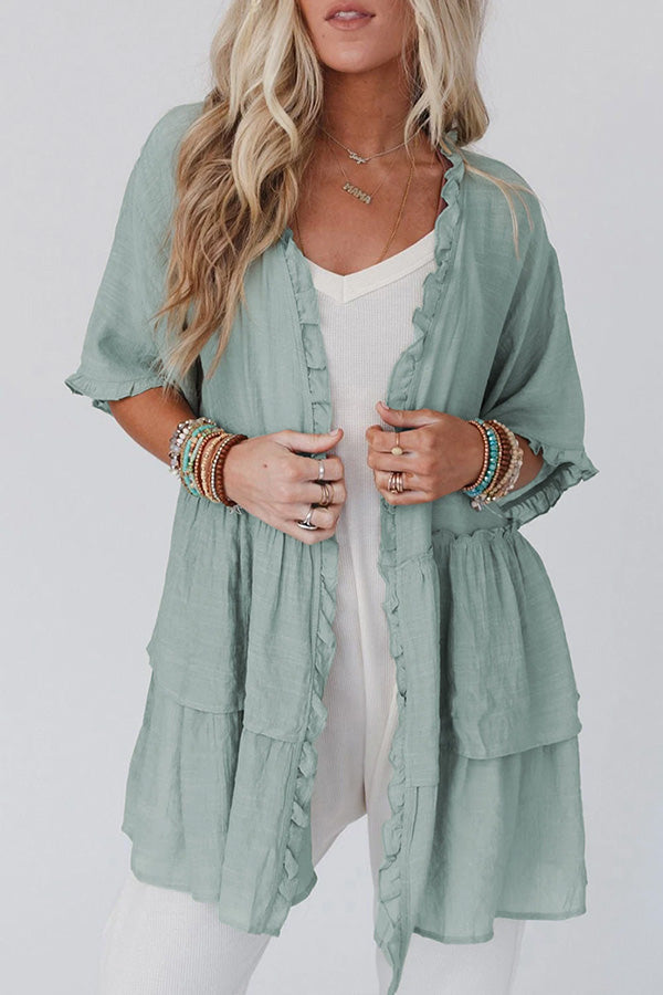 Ruffled Trim Short Sleeve Open Front Kimono