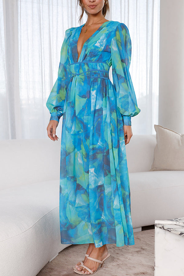 Kayla Blue Floral Bubble Long Sleeve Maxi Dress